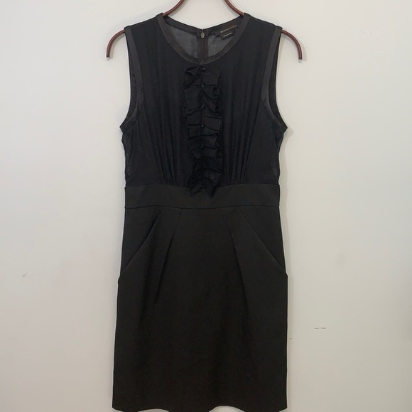BCBGMaxAzria || Black Tuxedo Ruffle Sheer Sleeveless Sheath Silk Cotton Dress 6 - Picture 1 of 17